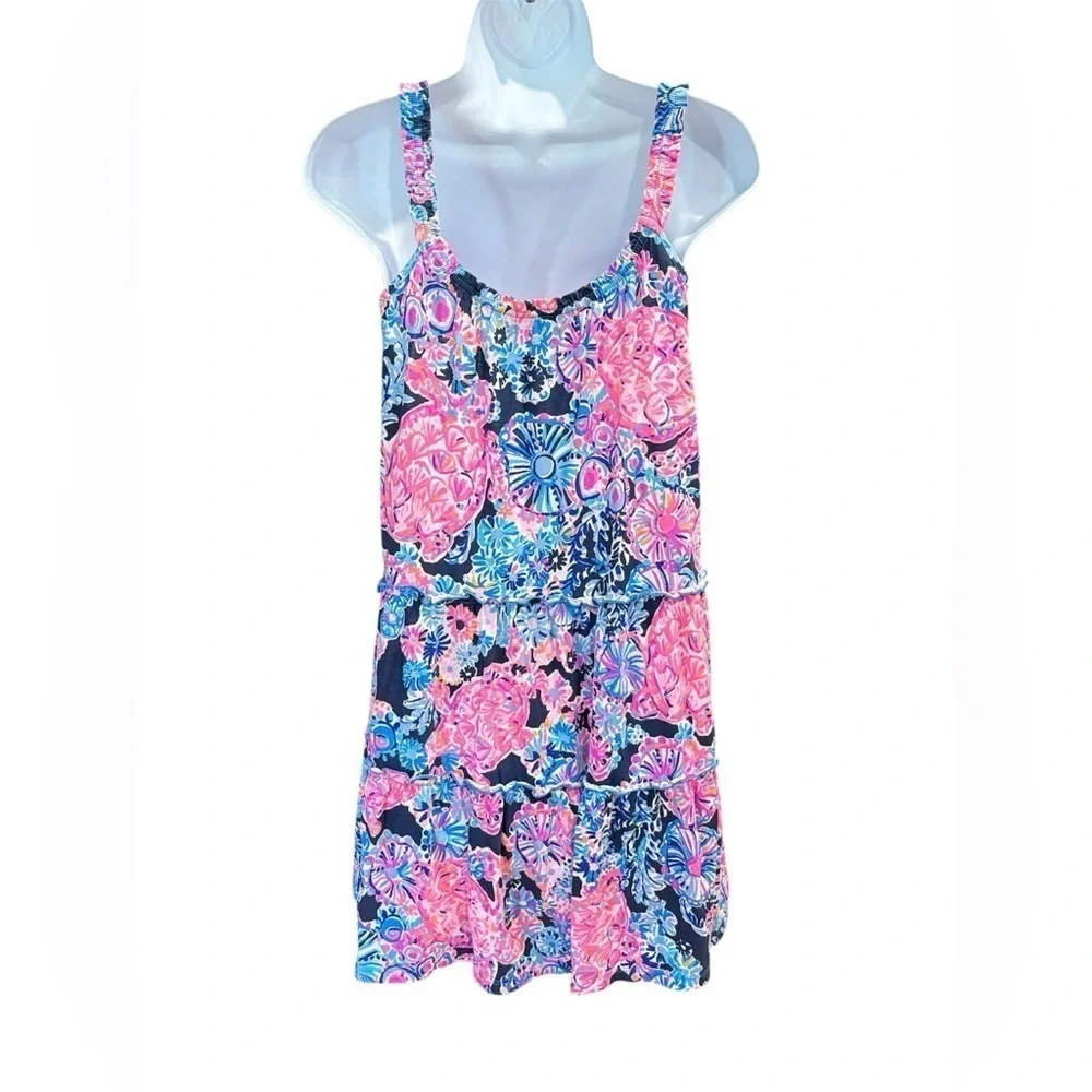 Lilly Pulitzer Loro High Tide navy & pink cotton floral tiered ruffle dress XXS